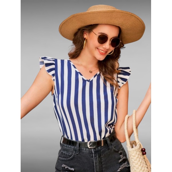 Blusa de rayas verticales de manga con volante